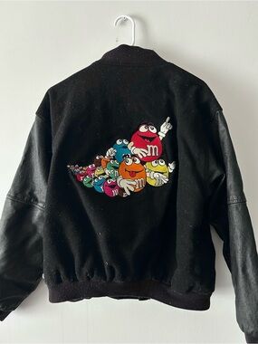 Vintage Planet Mars Black Leather Varsity Jacket with M&M Patches